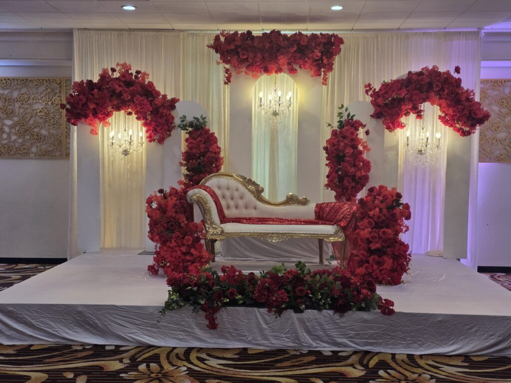 Grand Wedding Party. Elegant Main Chair Background Stage Decor Setup